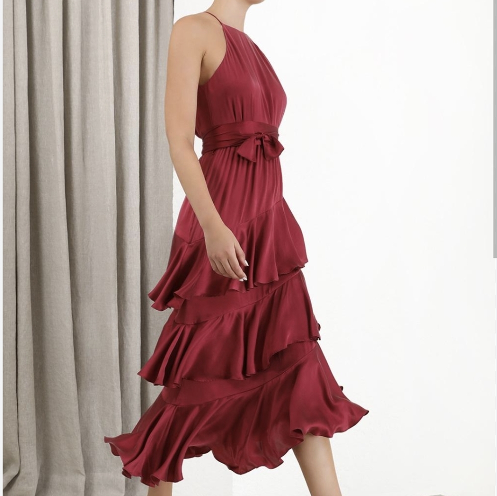 NWOT ZIMMERMANN Tie-belt Silk Midi Tiered berry Pink Dress